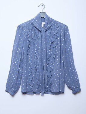 Rebecca Taylor Tie Neck Romantic Ruffles Metallic Polka Dot Sheer Silk Top